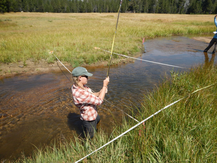 Staff Biologist Ashley Brown setting up transects along Meadow Lakes in the Sierras during the Mokelumne Riparian Monitoring project.